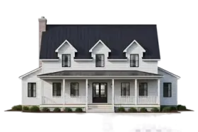 Modern farmhouse with a dark roof and front porch