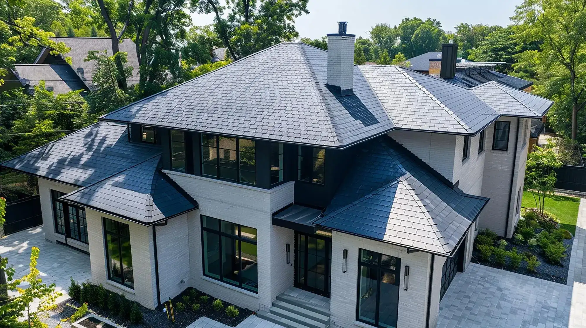 Modern home with a dark tile roof